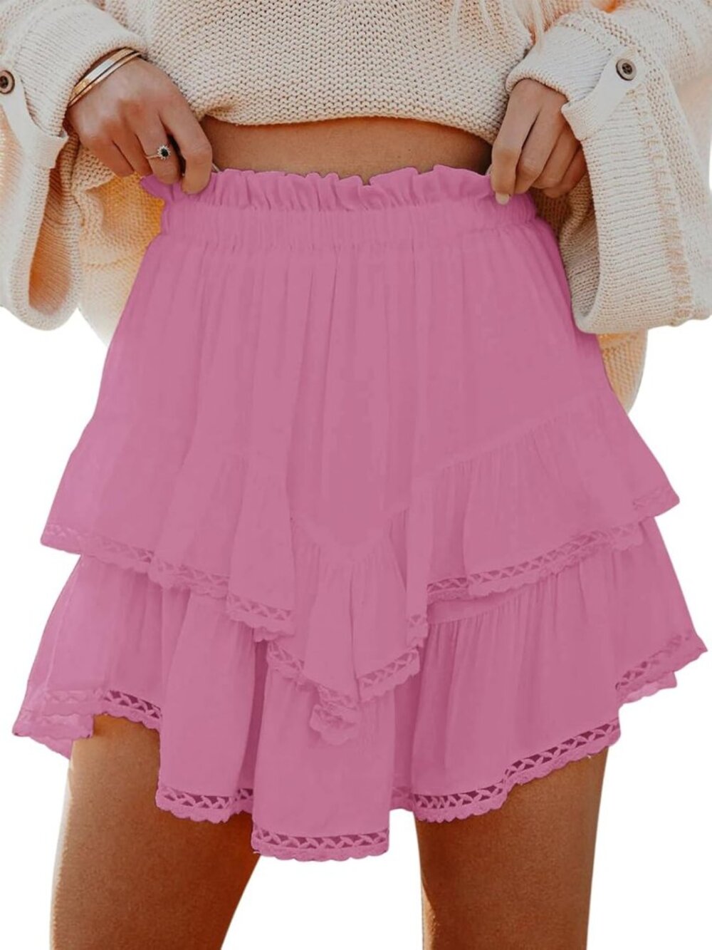 Women's Mauve Pink Ruffle Tiered Skorts High Waist Mini Skirt Golf Tennis Shorts
